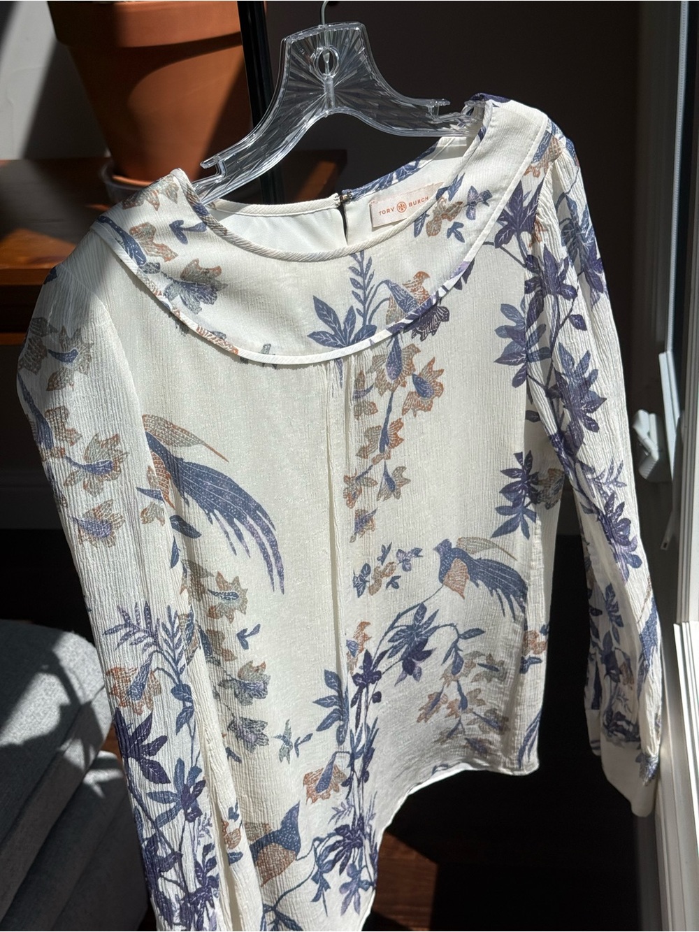 Tory Burch Cream Blouse with Blue Floral Trim - Picture 3 of 8